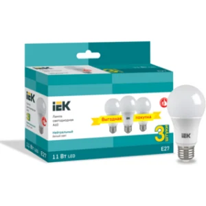 IEK Лампа светодиодная A60 шар 11Вт 230В 4000К E27 (3шт/упак) - LLE-A60-11-230-40-E27-3 IEK Лампа светодиодная A60 шар 11Вт 230В 4000К E27 (3шт/упак) - LLE-A60-11-230-40-E27-3